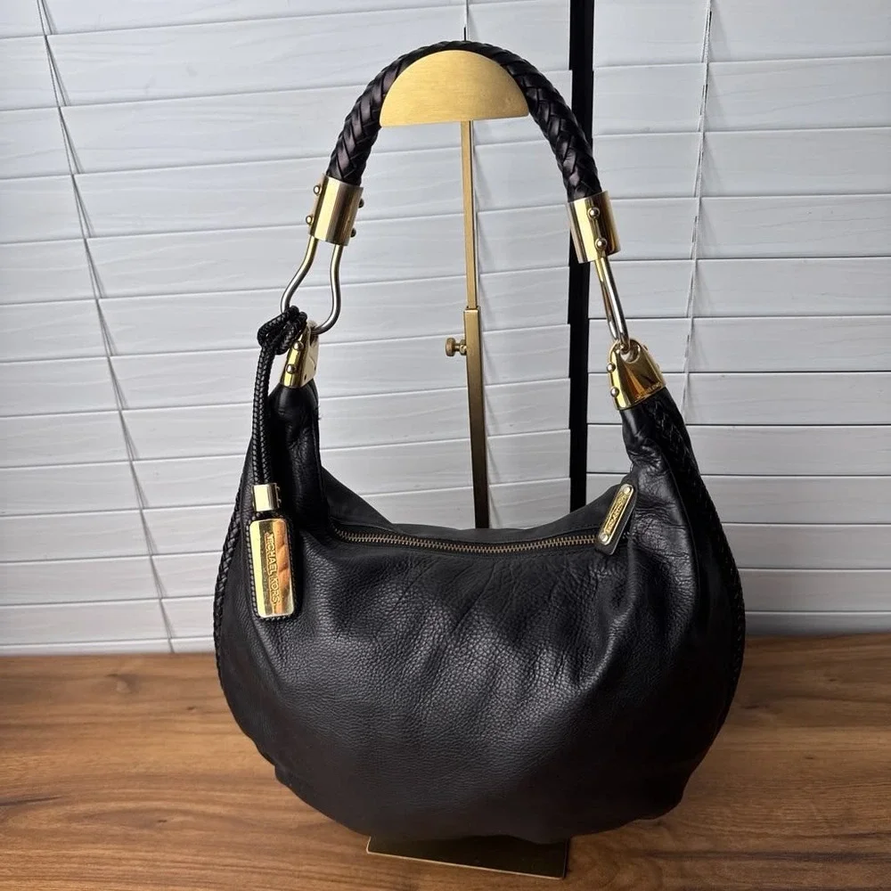 Michael Kors Skorpios Hobo Shoulder Bag Black Pebbled Leather Braided Handle